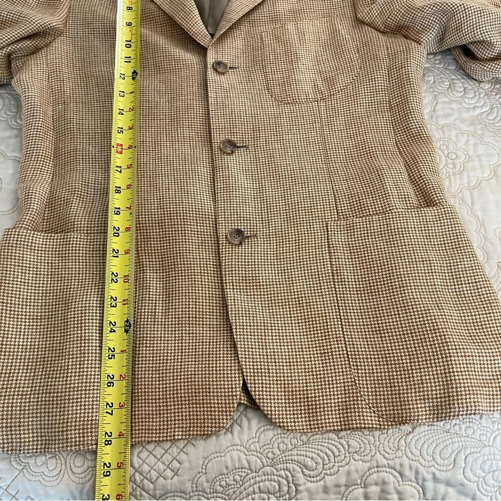 Ermenegildo Zegna Italian Linen Carmel Tan Beige Houndstooth Blazer Jacket 48R
